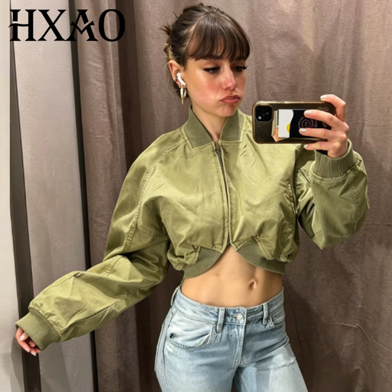 Varsity Jacket Wool - HXAO Crop Green Jackets Women's Jacket