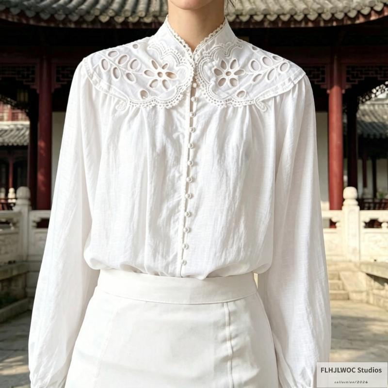 Vintage Fashion Retro Outfit - Hollow Out White Lace Tops Blouses