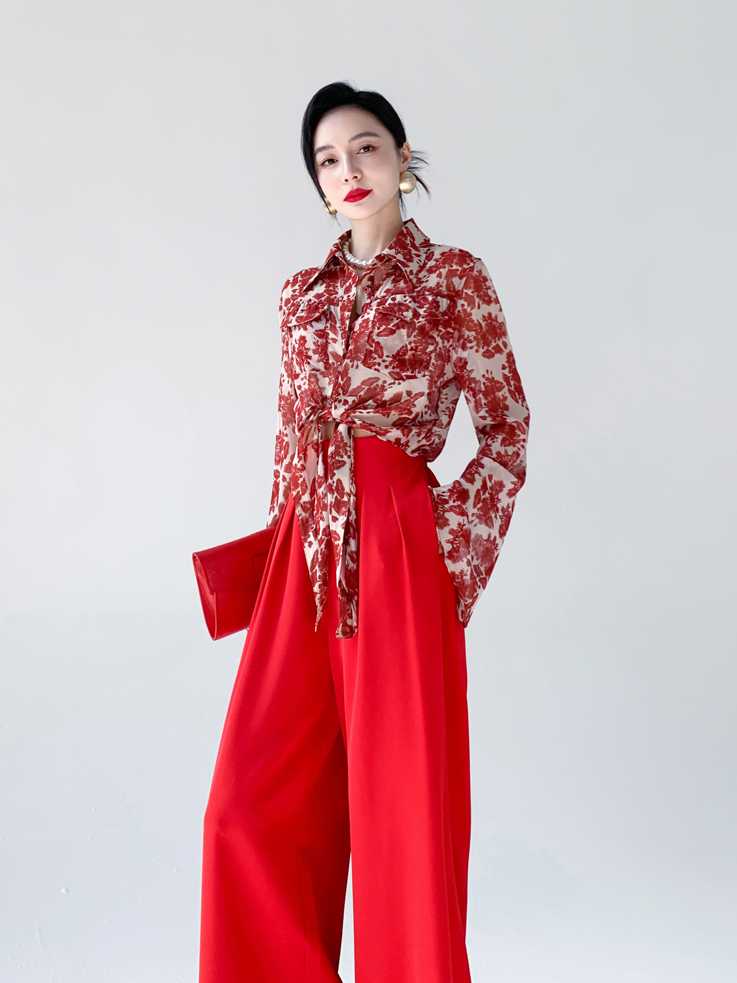 Red Floral Print Chiffon Shirt - Vintage Fashion Hong Kong review and price