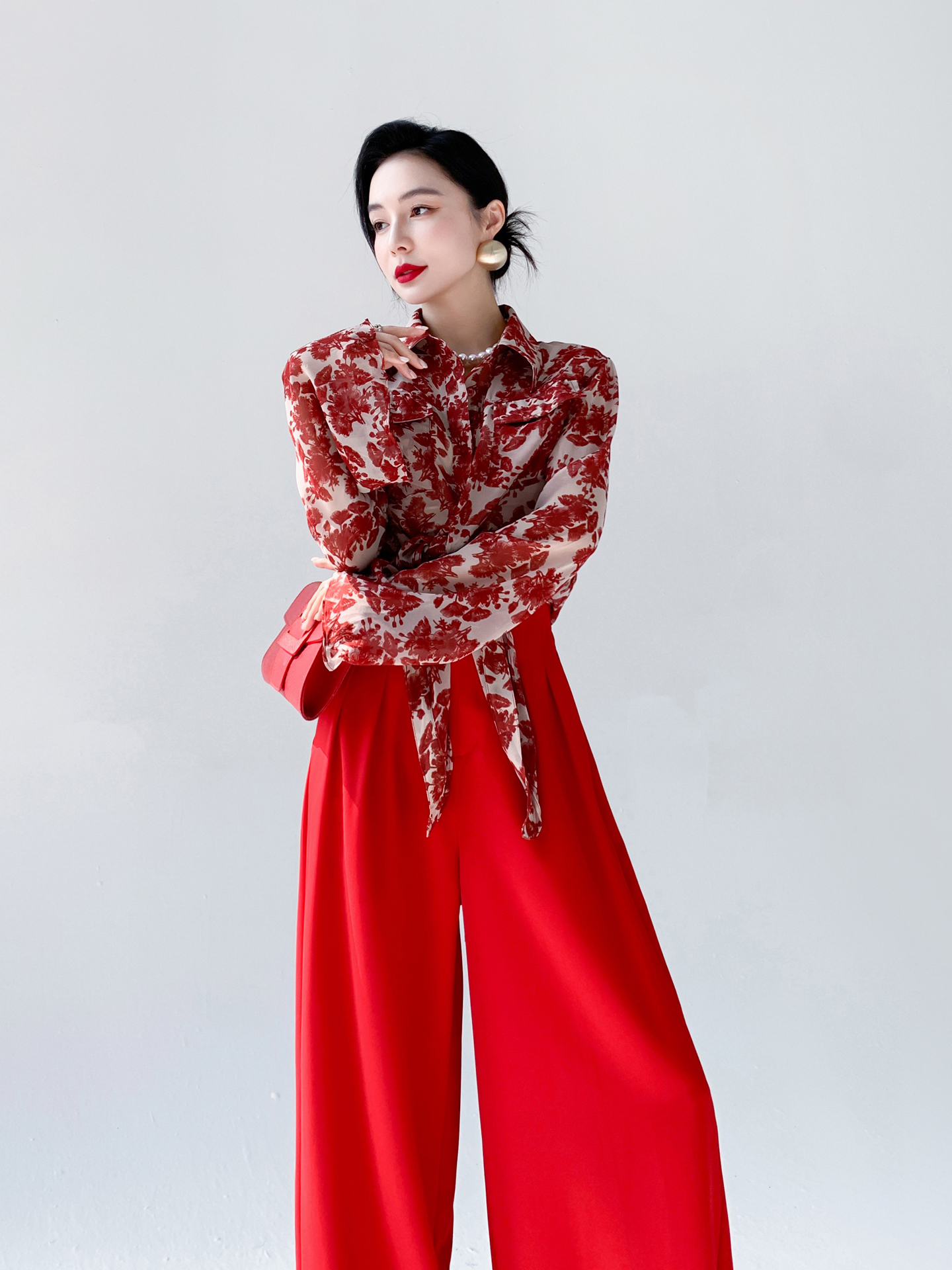 Red Floral Print Chiffon Shirt - Vintage Fashion Hong Kong review and price