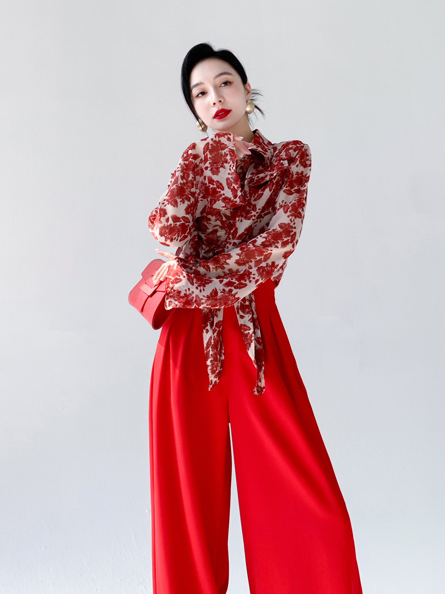 Red Floral Print Chiffon Shirt - Vintage Fashion Hong Kong review and price