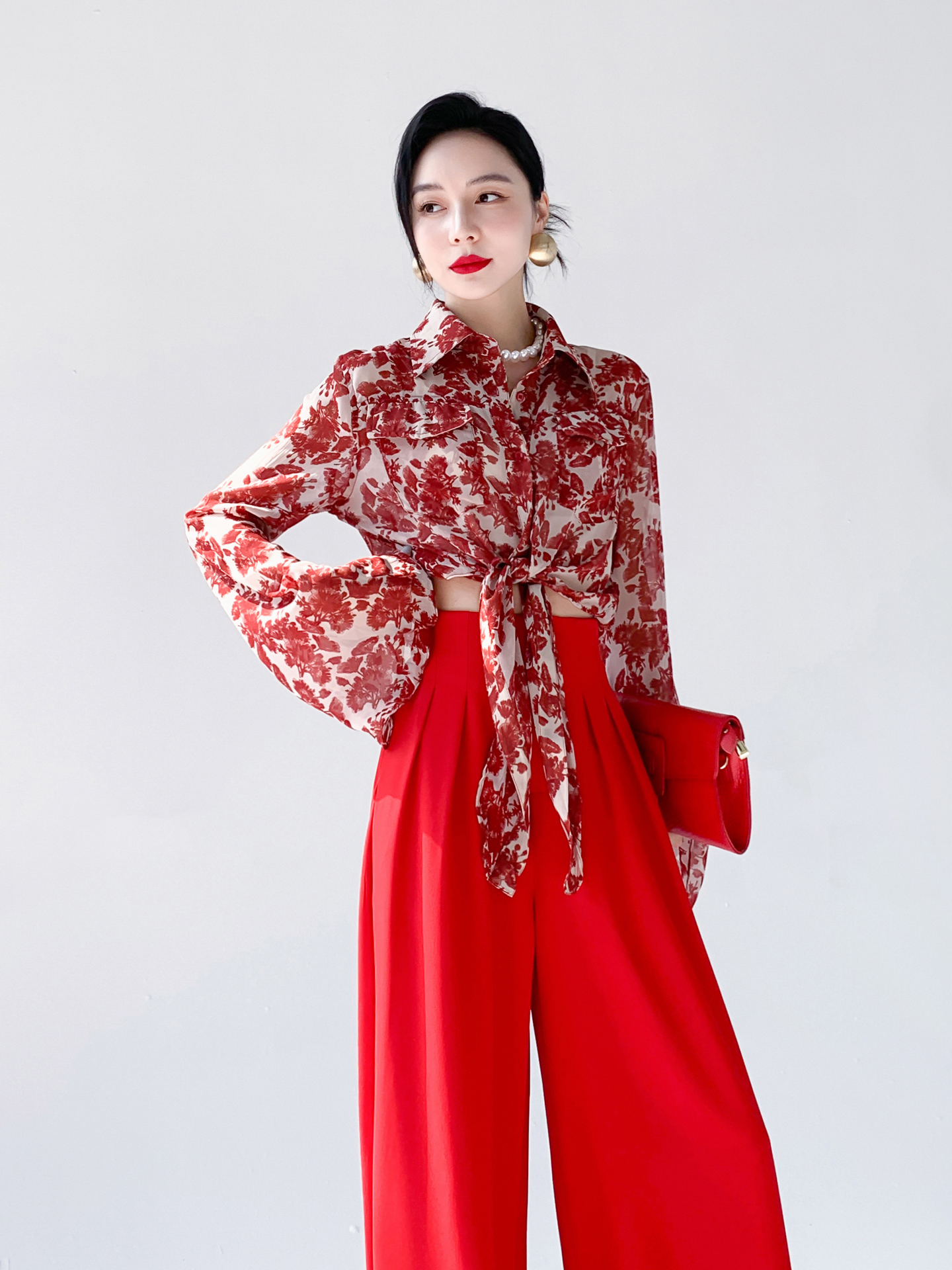 Red Floral Print Chiffon Shirt - Vintage Fashion Hong Kong review and price