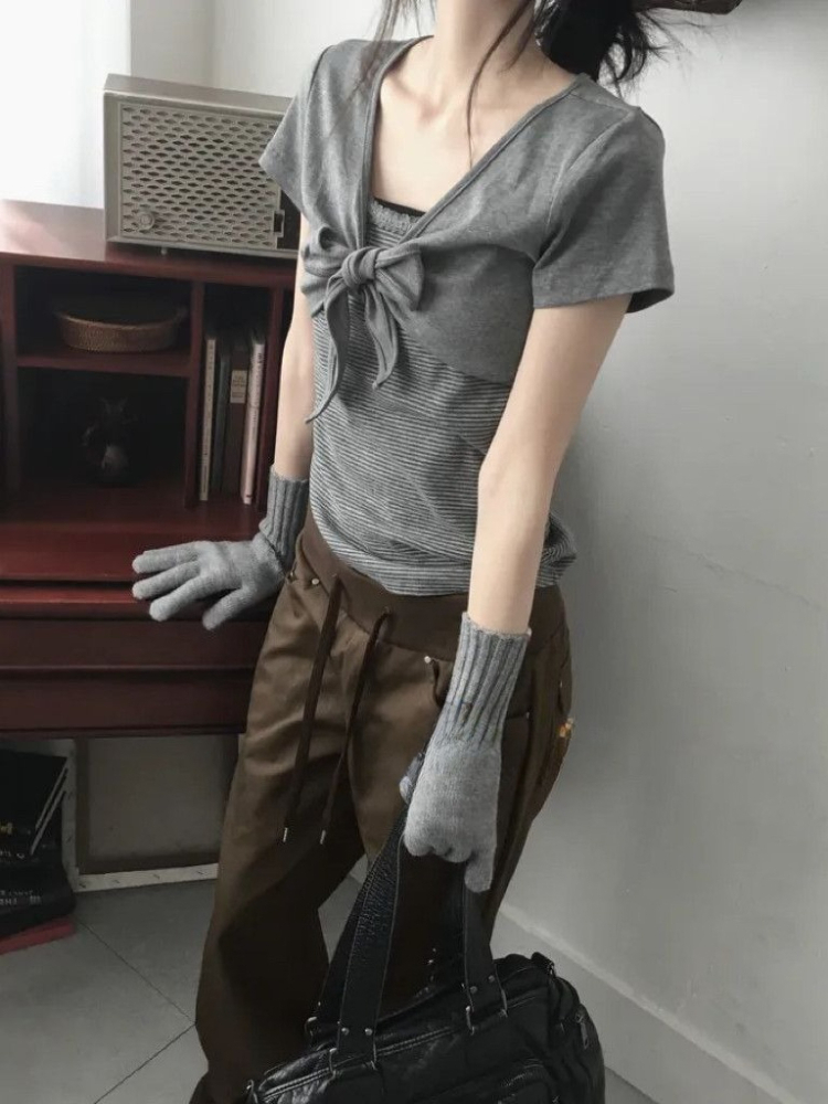 Deeptown Korean Style Gray Str - Retro Vintage Korean Fashion review and price